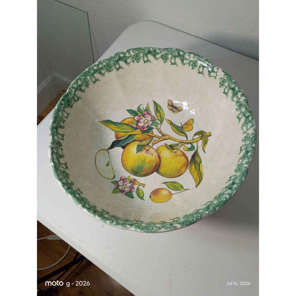 Italian Hand Painted Ceramic Apple Bowl Vintage Orchard Fruit Green Rim
